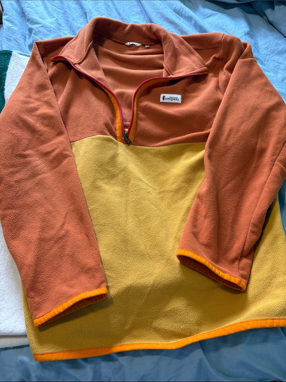 cotopaxi Rust & Mustard Colorblock Half-Zip Fleece Pullover